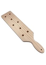 A large pale wood punishment paddle with eight holes drilled in it